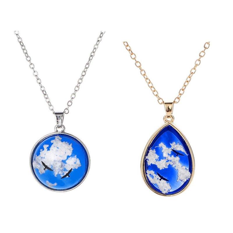 Blue Sky White Clouds Eagle Pattern Clear Resin Women Pendant Necklace