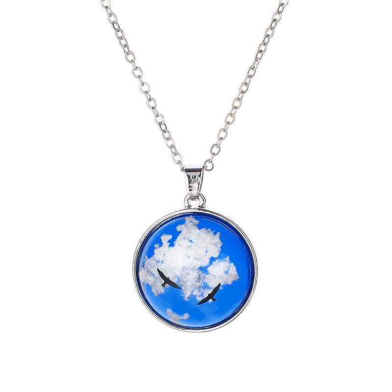 Blue Sky White Clouds Eagle Pattern Clear Resin Women Pendant Necklace