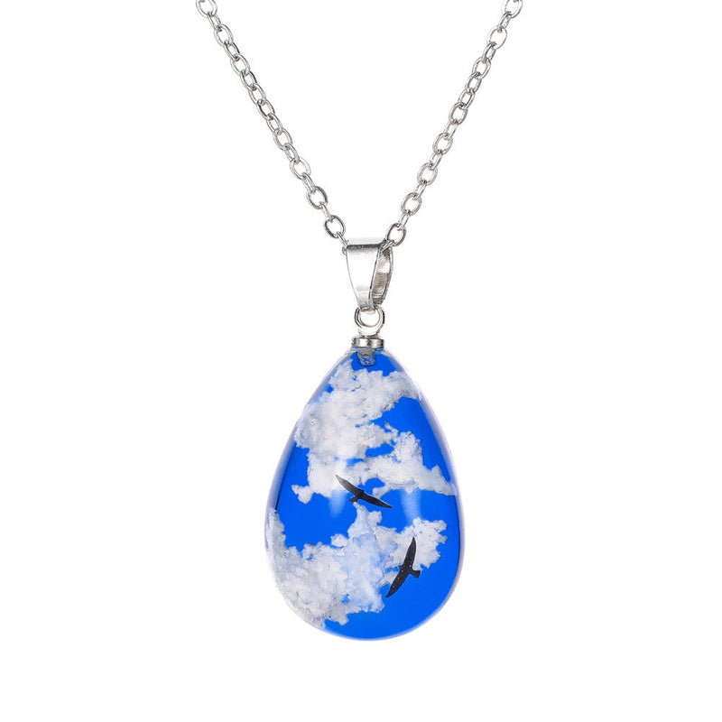 Blue Sky White Clouds Eagle Pattern Clear Resin Women Pendant Necklace