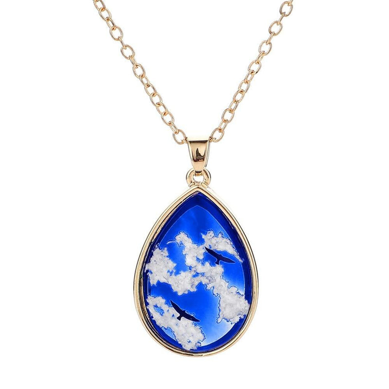 Blue Sky White Clouds Eagle Pattern Clear Resin Women Pendant Necklace