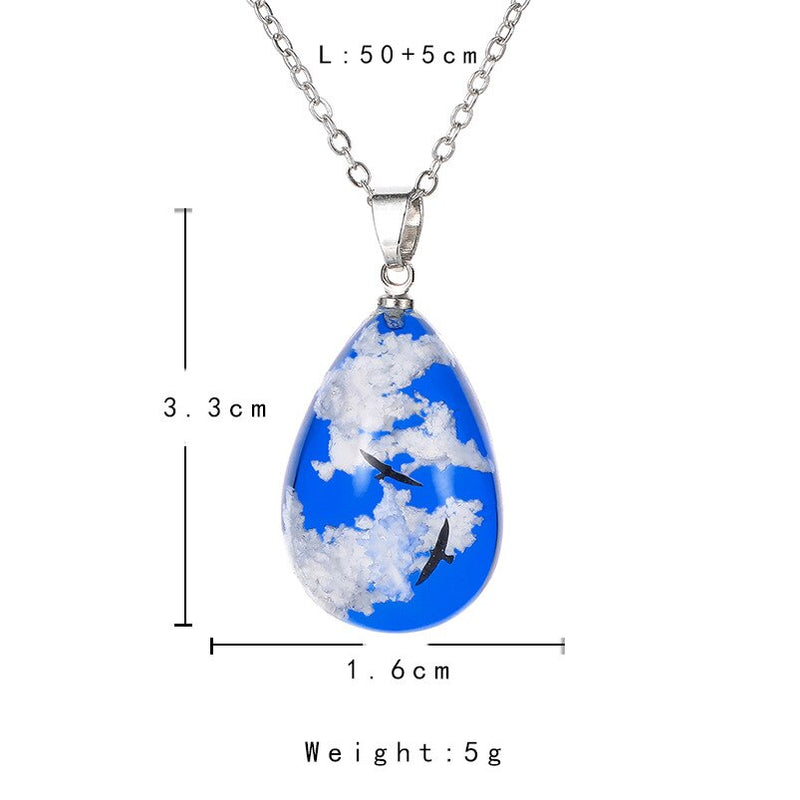 Blue Sky White Clouds Eagle Pattern Clear Resin Women Pendant Necklace