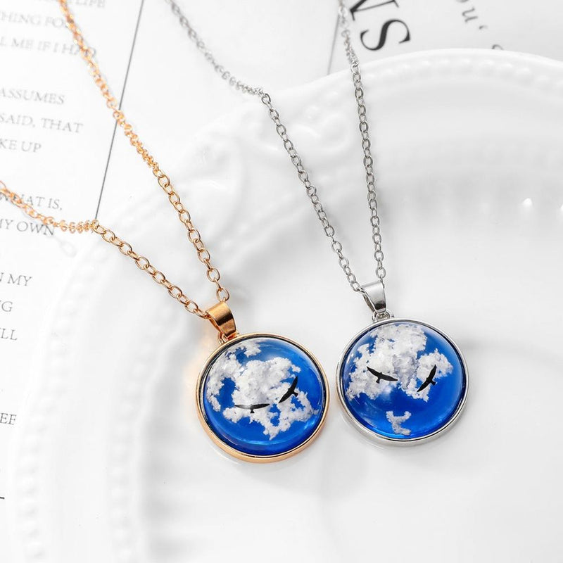 Blue Sky White Clouds Eagle Pattern Clear Resin Women Pendant Necklace