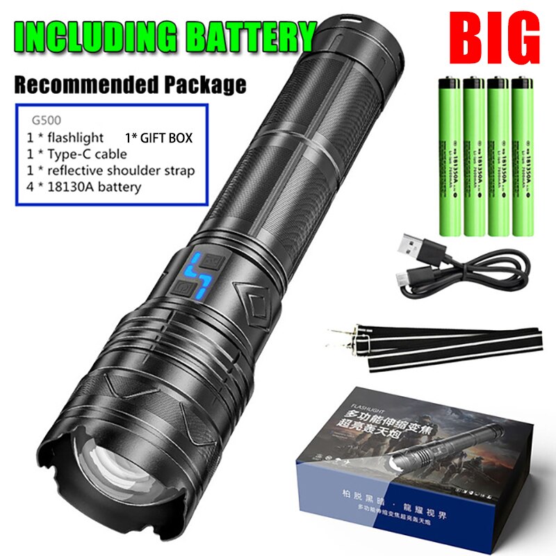 Powerful 100W LED Flashlight USB Rechargeable Zoomable Torch