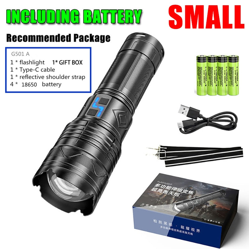 Powerful 100W LED Flashlight USB Rechargeable Zoomable Torch