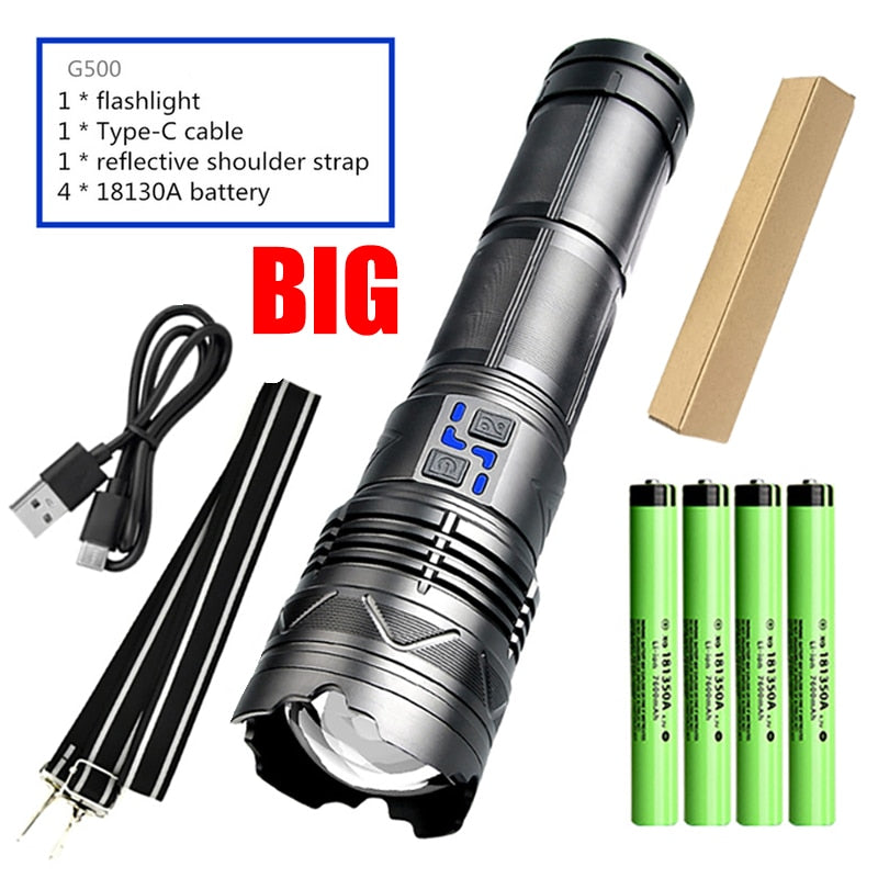 Powerful 100W LED Flashlight USB Rechargeable Zoomable Torch