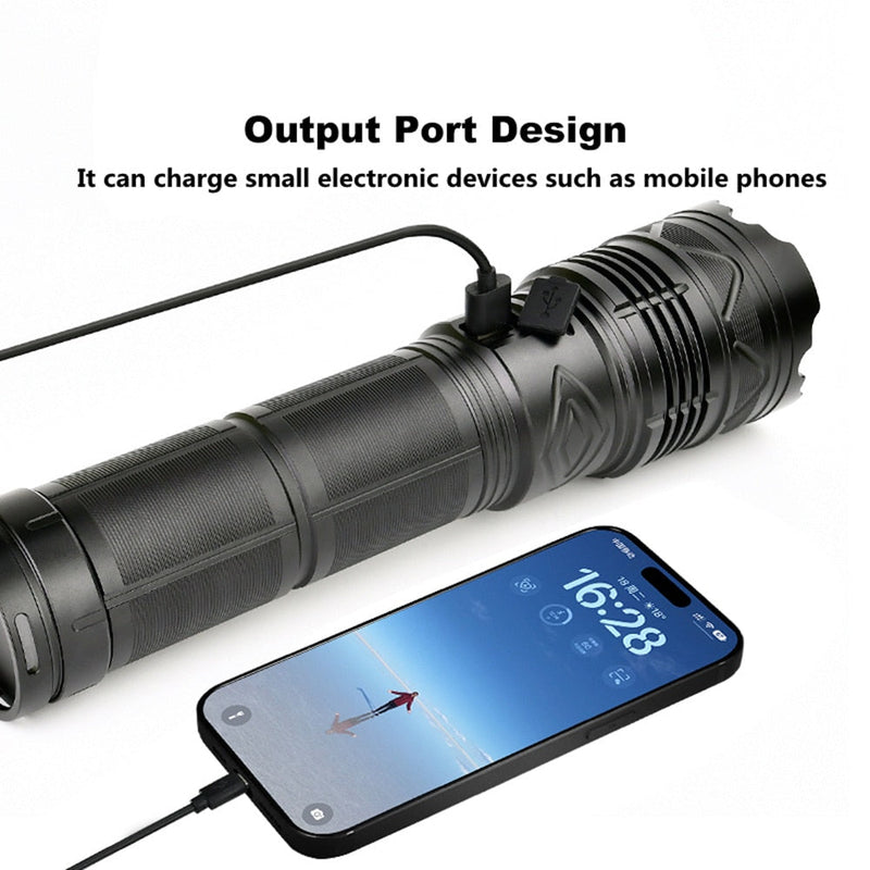 Powerful 100W LED Flashlight USB Rechargeable Zoomable Torch