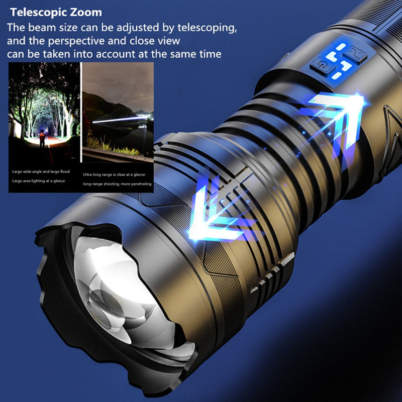 Powerful 100W LED Flashlight USB Rechargeable Zoomable Torch