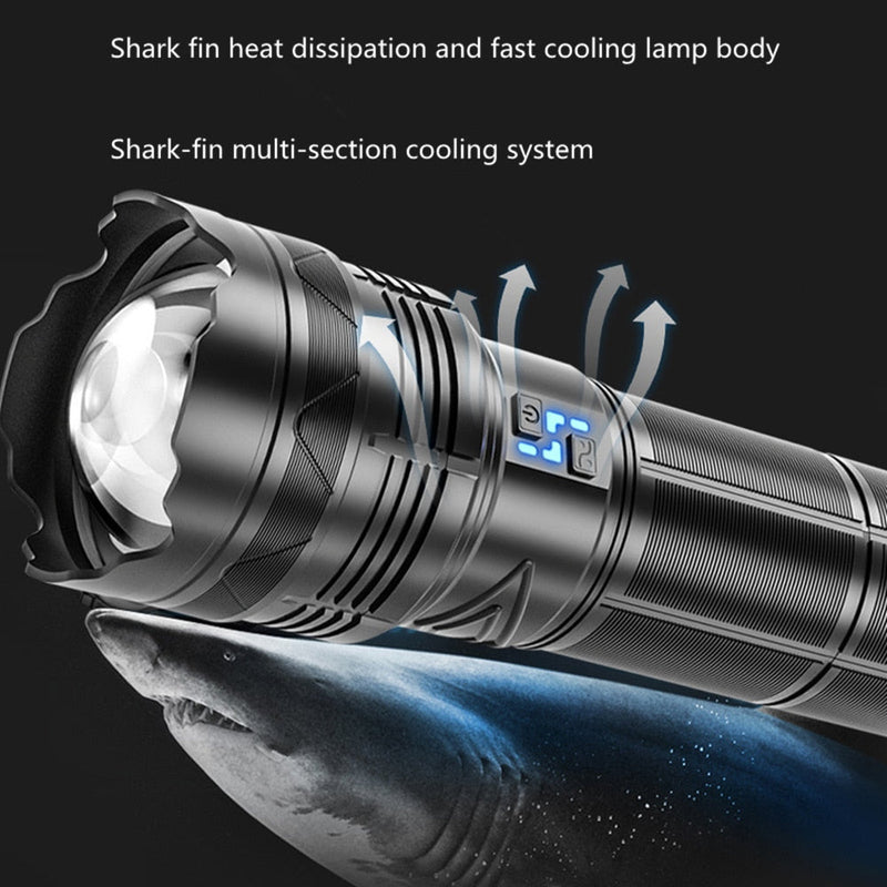 Powerful 100W LED Flashlight USB Rechargeable Zoomable Torch