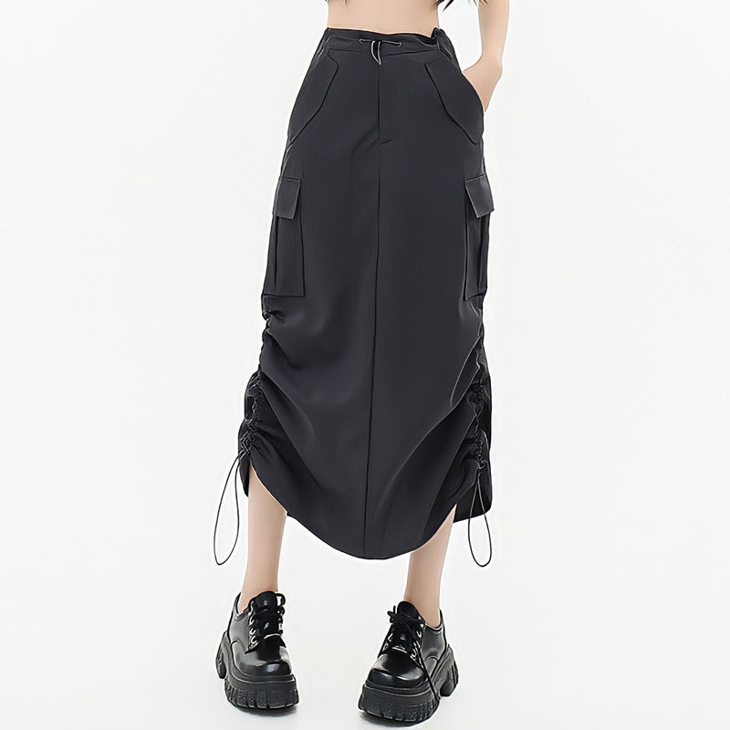 Black Pocket Straight Cargo Long Skirts For Women