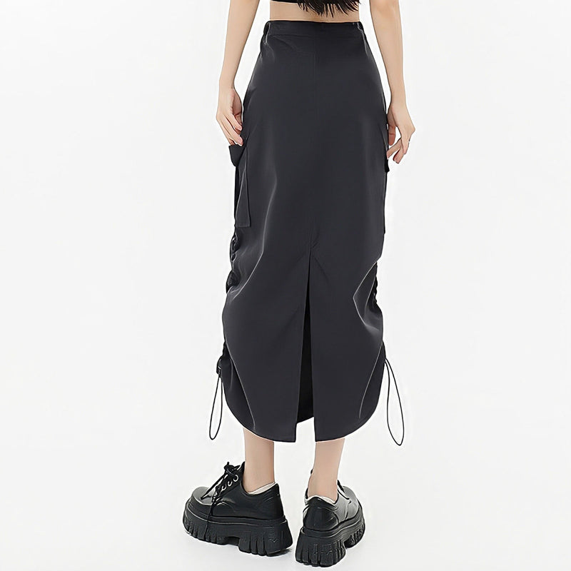 Black Pocket Straight Cargo Long Skirts For Women