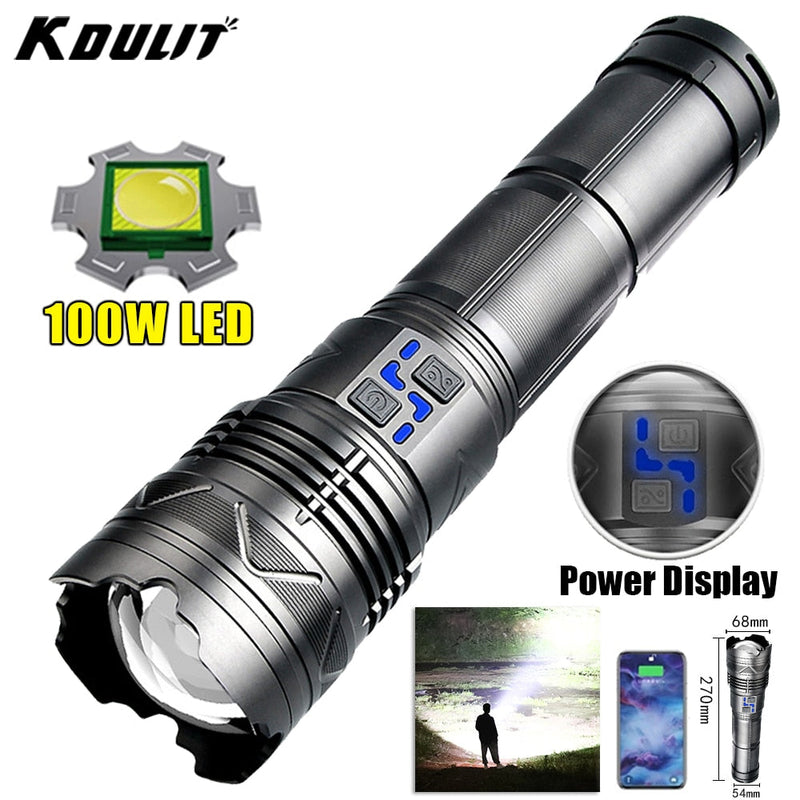 Powerful 100W LED Flashlight USB Rechargeable Zoomable Torch