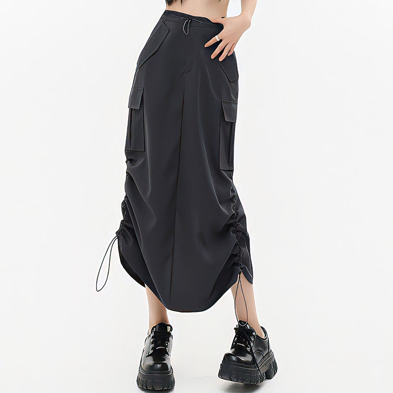 Black Pocket Straight Cargo Long Skirts For Women