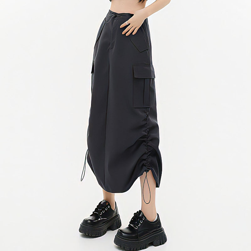 Black Pocket Straight Cargo Long Skirts For Women