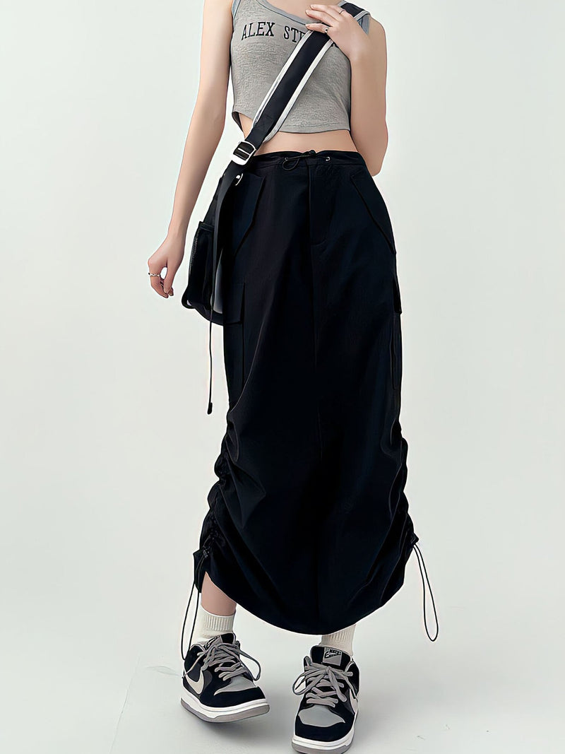 Black Pocket Straight Cargo Long Skirts For Women