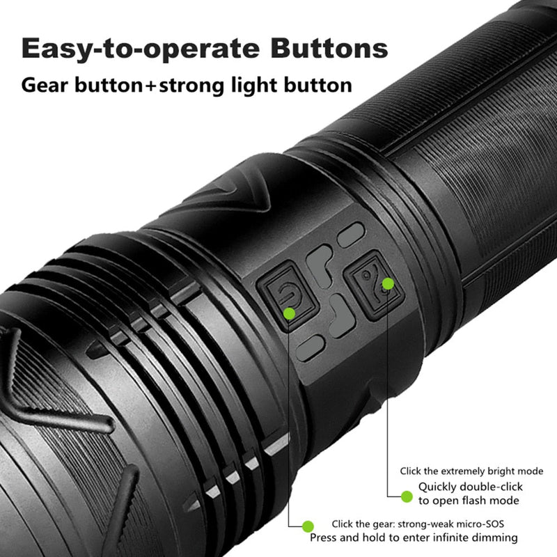 Powerful 100W LED Flashlight USB Rechargeable Zoomable Torch